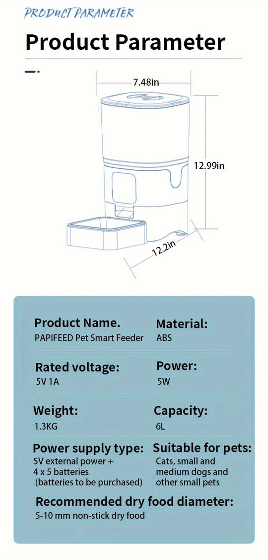 6L Large Capacity PAPIFEED Pet Intelligent Feeder - Automatic Cat Dog Food Dispenser with WiFi Timing and Dosing - Programmable, Easy to Clean, and Battery Backup