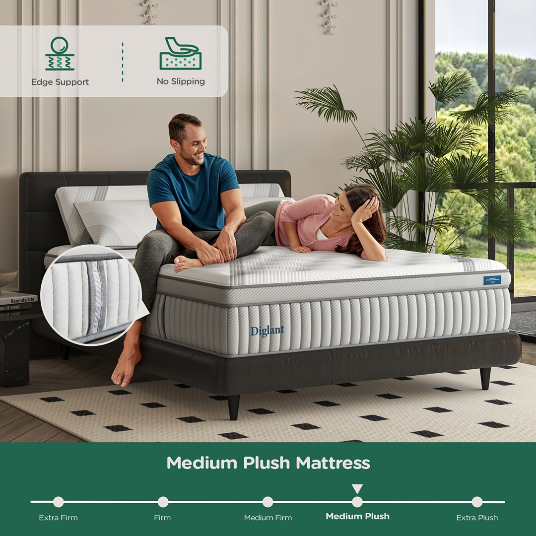 DIGLANT 14 Inch Medium Plush Memory Foam Hybrid Mattress with Individually Pocketed Coils Innerspring, Durable Support & Pressure Relief, Mattress in Box