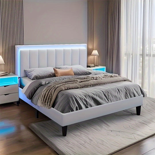 Led Bed Frame, Upholstered Faux Leather Headboard, Modern Design, No Box Spring