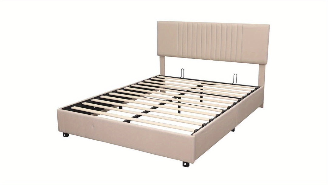 Queen Bed Frame, Lift Up Storage Bed Frame With Upholstered Headboard, Hydraulic Storage Double Bed, Wood Slats Support And Under Bed Storage, No Box Spring Needed Low Bed Frame (Queen, Beige)