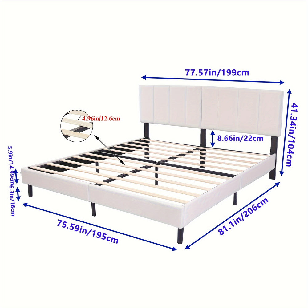 1pc Alazyhome Upholstered Platform Bed Frame King Size (Beige) With Button Tufted Velvet Headboard Wood Slat Support Easy Assembly No Box Spring Needed(76 In/192 Cm*81 In/206 Cm)