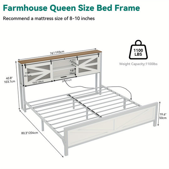 FurnaNova Farmhouse King Size Bed Frame with Headboard, Bookcase Storage Shelves, Sliding Grid Barn Door, Charging Station, Rustic Wood Platform Bed, No Box Spring Needed, White