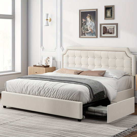 Upholstered Bed Frame with Storage Drawers, Platform Bed with Curved Button Tufted Headboard with Nailhead Trim, Solid Wooden Slats Support, No Box Spring Needed, Beige, White, Black, Full, Queen, King