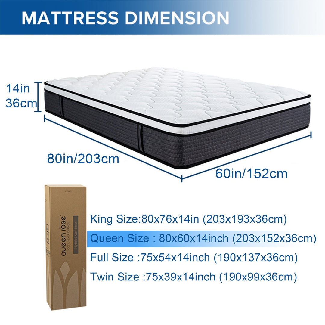 QUEENROSE Mattress - 14 Inch Mattress In A Box - Pillow Top Mattress, Gel Memory Foam Hybrid Mattress With Individually Pocketed Springs For Support & Comfort Sleep, Medium Softs