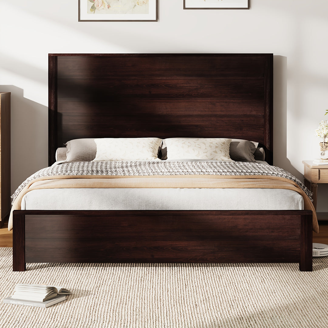 Rustic Solid Wood Platform Bed Frame With Spliced Headboard, Noise-Free Slat Support, No Box Spring Needed