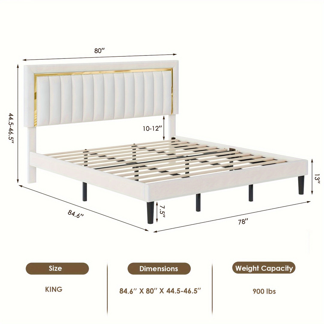 FULTRU Queen/ King Size Bed Frame With Adjustable Tufted Headboard, Modern Bed with Metal Gold, Velvet Upholstered Platform Bed Frame With Gold Trim, Heavy Duty Mattress Foundation With Steel Frame, Easy-Assembly Slats, Beige