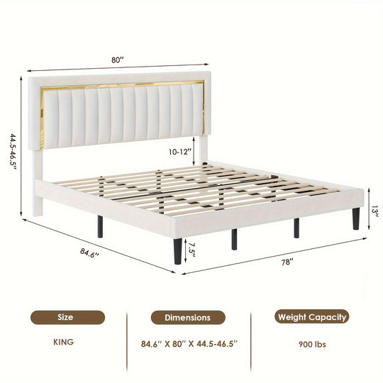 FULTRU Queen/ King Size Bed Frame With Adjustable Tufted Headboard, Modern Bed with Metal Gold, Velvet Upholstered Platform Bed Frame With Gold Trim, Heavy Duty Mattress Foundation With Steel Frame, Easy-Assembly Slats, Beige