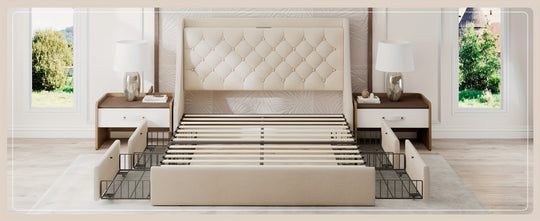 Upholstered Bed Frame with Storage Drawers, Wingback Headboard, Charging Station, No Box Spring Needed