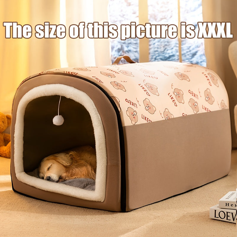 1pc 2-in-1 Polyester Removable Flannel Pet Bed with Hanging Ball, Detachable Rectangular Bedding for Small, Medium, Large Dogs, Indoor Cat Shelter with Handle