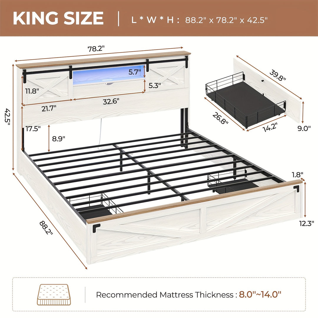 Walnut White Farmhouse Queen Platform Bed with LED Lights, Charging Station & Storage Shelves