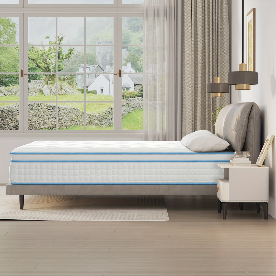 14" Queen size Hybrid Spring Memory Foam Mattress Edge Support Silence Blue&While Boxed