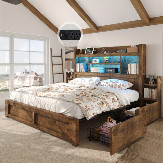 Farmhouse Wooden Bed Frame With 4 Storage Drawers, LED Bed Frame With 49" Tall Bookcase Headboard, Wood Platform Bed With Charging Station & 2 Slide Bedside Shelf