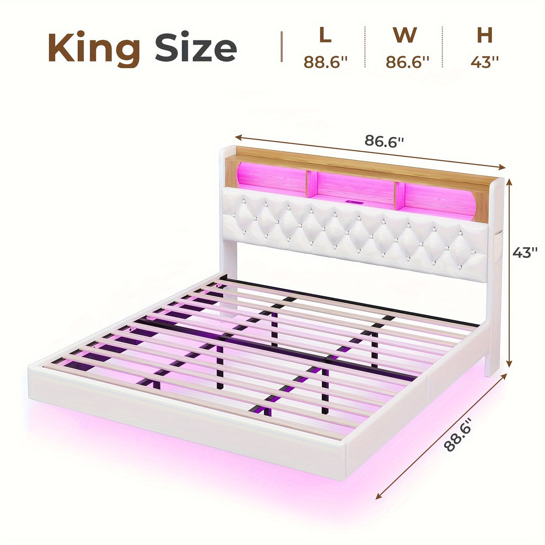 King/ Queen/ Full Floating Bed Frame with Storage Headboard, Leather King Platform Bed with LED Lights & Charging Station, Modern LED Floating Bed, No Box Spring Needed, White