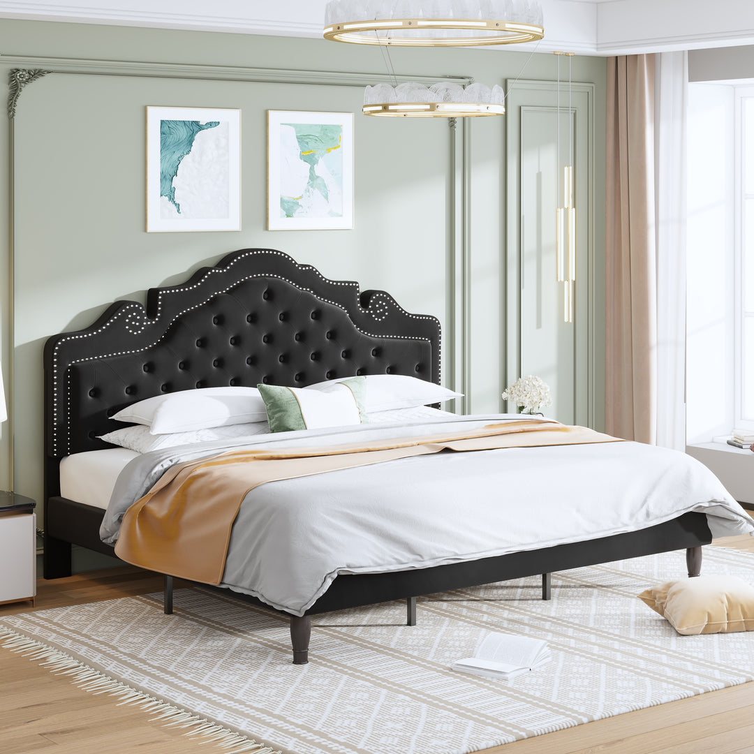 WEEWAY Upholstered Bed Frame, Adjustable Curved Headboard, High Resilience, Diamond Tufted