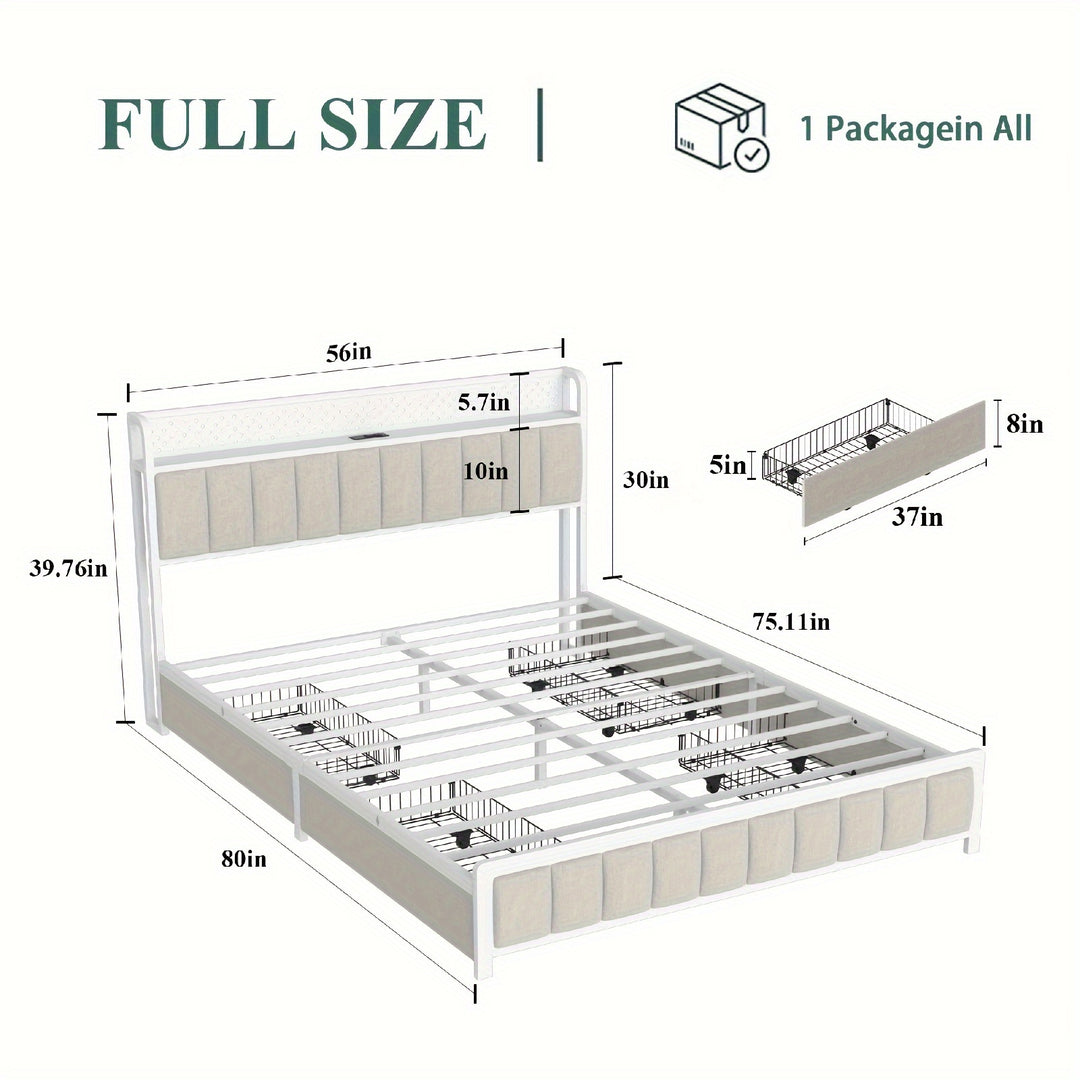 Platform Bed With 4 Drawers, Metal Bed Frame With LED Lights And Charging Station, No Box Spring Needed, (Beige), Noise Free, Easy Assemble