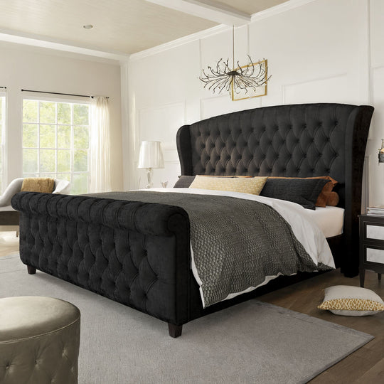 Luxurious Chenille-Upholstered Platform Bed Frame Collection: Ornamented with Scroll-Patterned Wingback Headboard & Matching Footboard, Button-Tufted Finishes, Box Spring-Free Configuration