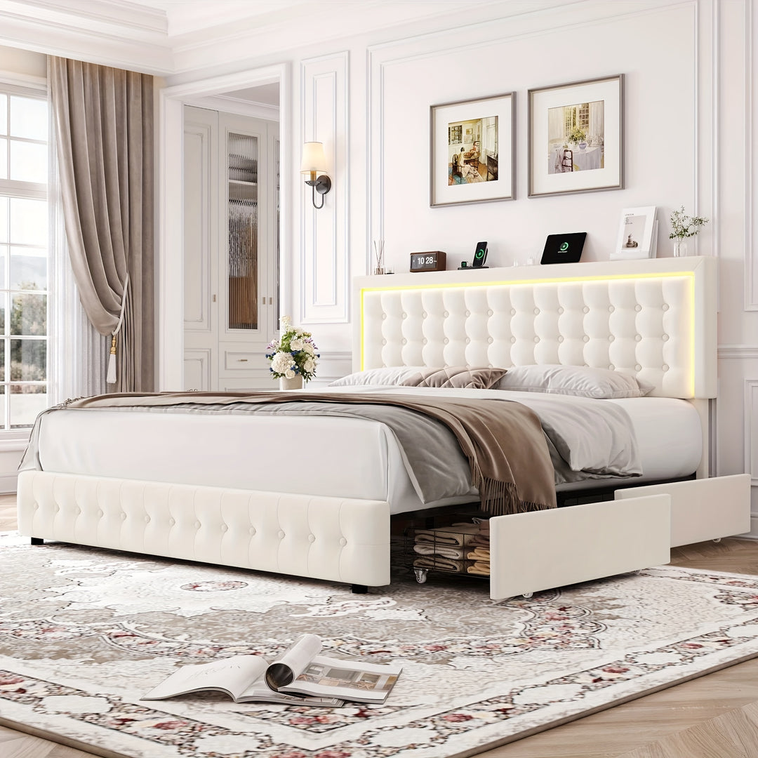 FULTRU LED Bed Frame With USB Ports And 4 Storage Drawers, Velvet Upholstered Platform Bed Frame With Adjustable Button Tufted Headboard, Beige