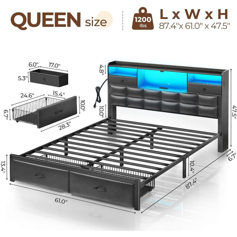 Bed Frame Full/Queen/King Size with Drawers and Charging Station, Upholstered Platform Bed with Storage Headboard and LED Light, Heavy Duty Metal Frame Support, No Box Spring Needed, Noise Free,