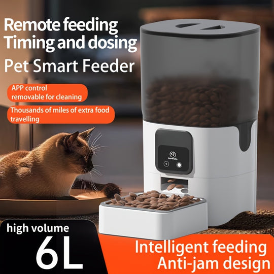 6L Large Capacity PAPIFEED Pet Intelligent Feeder - Automatic Cat Dog Food Dispenser with WiFi Timing and Dosing - Programmable, Easy to Clean, and Battery Backup