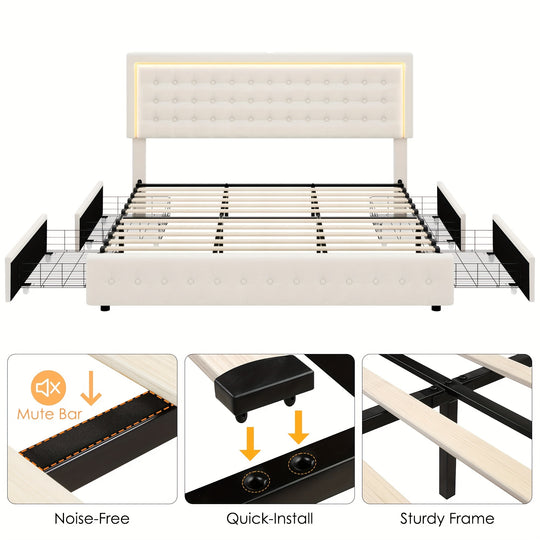 FULTRU LED Bed Frame With USB Ports And 4 Storage Drawers, Velvet Upholstered Platform Bed Frame With Adjustable Button Tufted Headboard, Beige