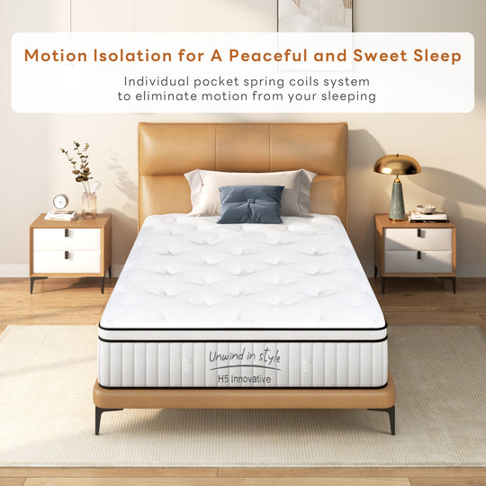 10/12 Inch Mattress, Hybrid Mattress in a Box, Individual Pocket Spring Bed Mattress, Medium Firm Mattress Strong Edge Support, CertiPUR-US & Fiberglass Free