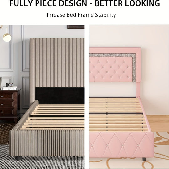 Upholstered Bed Frame, Corduroy Platform Bed With Vertical Channel Tufted Headboard, Soft Low Profile Bed, No Box Spring Needed, Easy Assembly