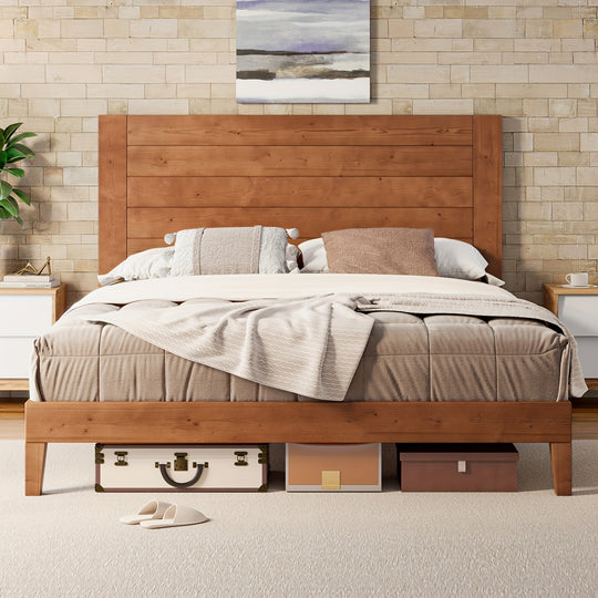 Queen Size Solid Wood Bed Frame, Mid-Century Modern Platform Bed with 48" Headboard, Wooden Slats & Metal Support, Noise Free, No Box Spring Needed