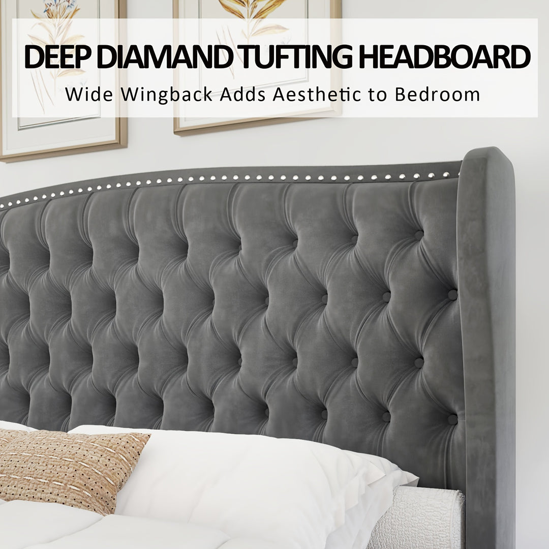 Platform Bed Frame, Velvet Upholstered Bed with Deep Button Tufted & Nailhead Trim Wingback Headboard/No Box Spring Required/