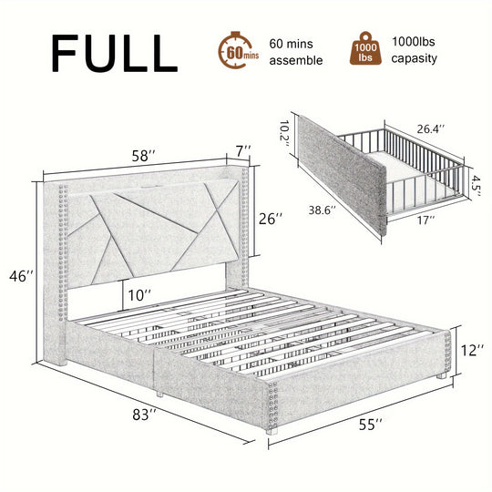 Upholstered Bed Frame with Storage Drawers, Charging Station, Wingback Headboard, No Box Spring Needed