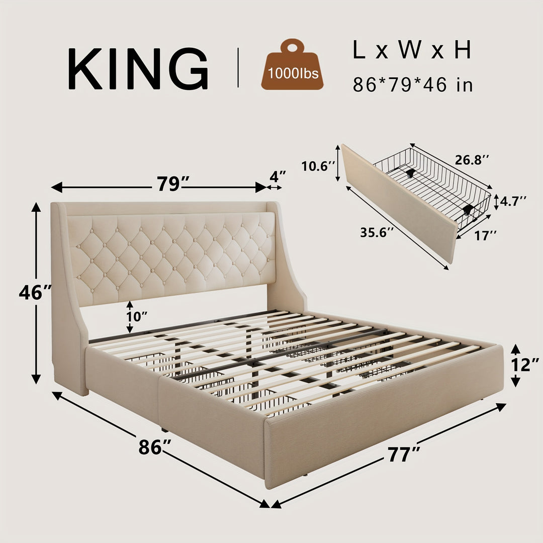 Upholstered Bed Frame with Storage Drawers, Wingback Headboard, Charging Station, No Box Spring Needed