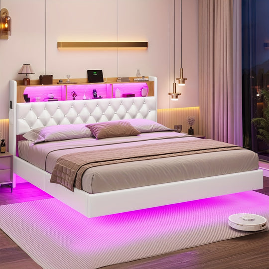 King/ Queen/ Full Floating Bed Frame with Storage Headboard, Leather King Platform Bed with LED Lights & Charging Station, Modern LED Floating Bed, No Box Spring Needed, White