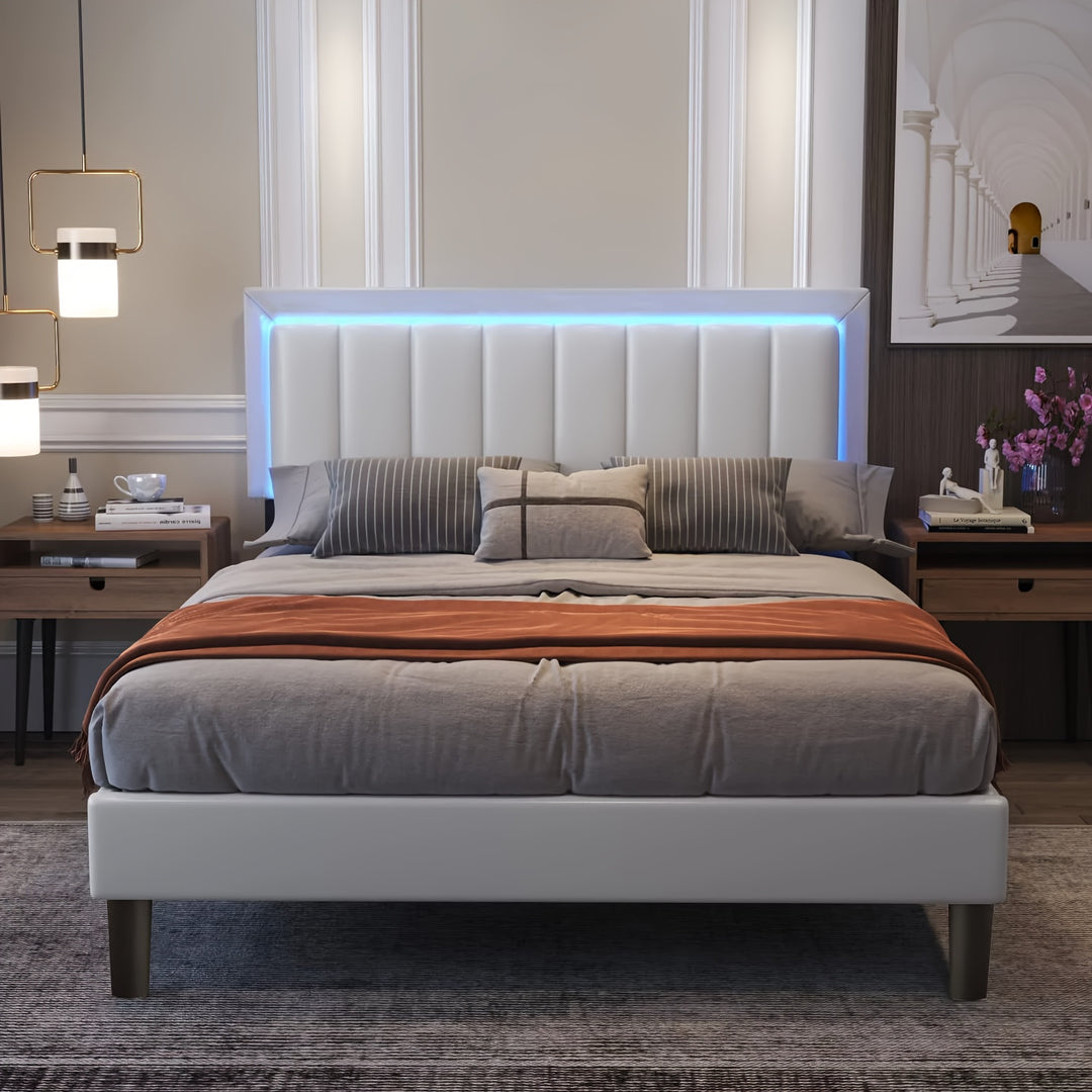 Led Bed Frame, Upholstered Faux Leather Headboard, Modern Design, No Box Spring