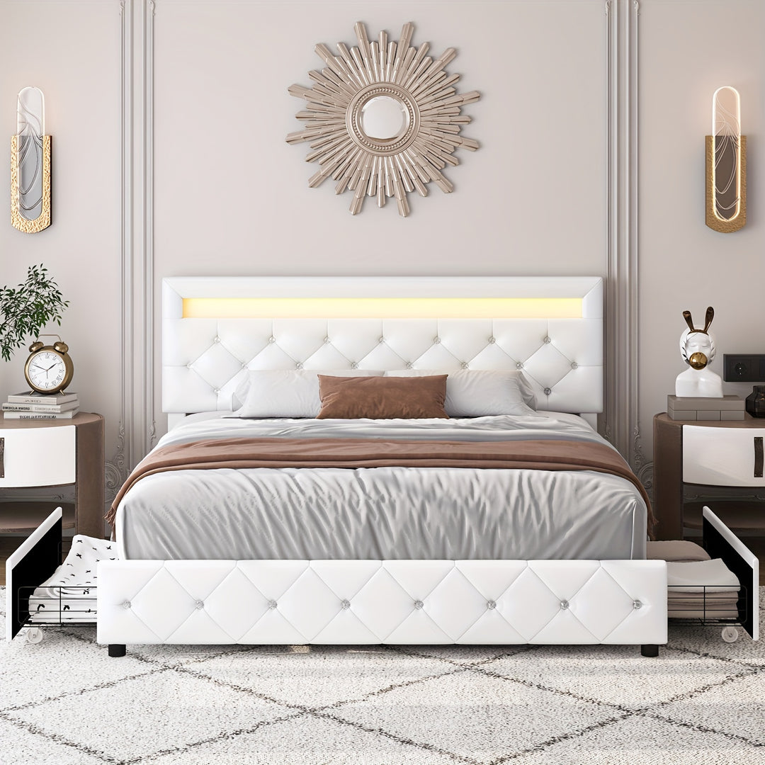 Full/Queen/King Size Upholstered Bed Frame With LED Lights Headboard And 4 Storage Drawers, Platform Bed With Crystal Button Tufted Headboard, No Box Spring Needed, Faux Leather/Velvet Fabric, White/Black/Velvet Beige