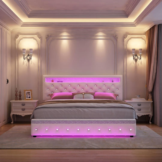 Sibeds Queen Size Bed Frame, LED Lights, Storage Drawers, Tufted Headboard, No Box Spring Needed