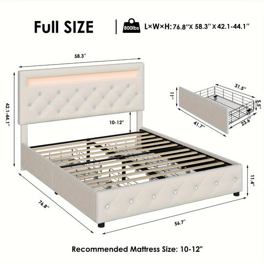 Full/Queen/King Size Upholstered Bed Frame With LED Lights Headboard And 4 Storage Drawers, Platform Bed With Crystal Button Tufted Headboard, No Box Spring Needed, Faux Leather/Velvet Fabric, White/Black/Velvet Beige