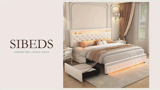 Sibeds Queen Size Bed Frame, LED Lights, Storage Drawers, Tufted Headboard, No Box Spring Needed