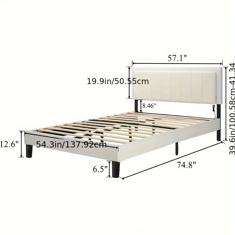 Led Bed Frame, Upholstered Faux Leather Headboard, Modern Design, No Box Spring