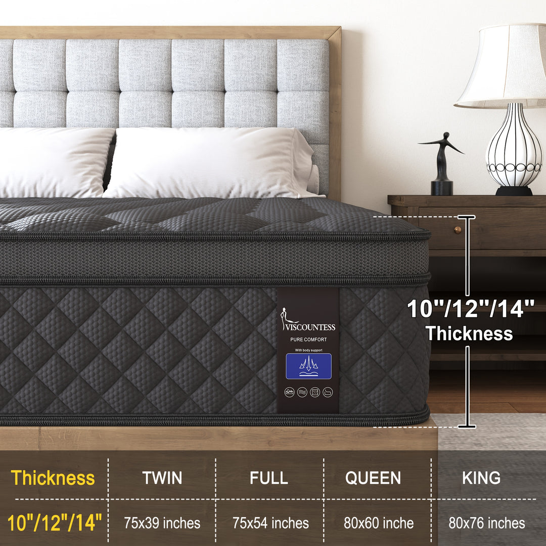 Viscountess 12" 14" Gel Memory Foam Hybrid Pocket Spring Mattress Twin Full Queen King Mattress In A Box