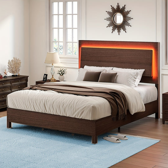 Farmhouse Wood Bed Frame with 47" Headboard, Rustic Platform Bed with LED Lights, Bed Frames Features Wood Grain, with Wooden Slats Support, No Box Spring Needed