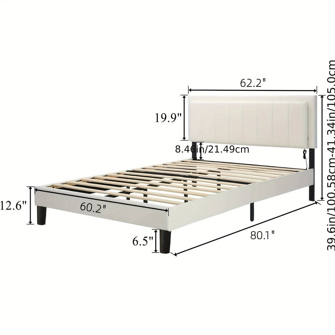 Led Bed Frame, Upholstered Faux Leather Headboard, Modern Design, No Box Spring