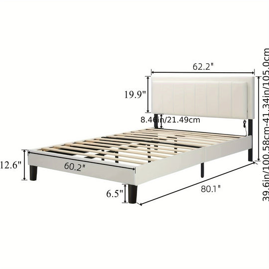 Led Bed Frame, Upholstered Faux Leather Headboard, Modern Design, No Box Spring