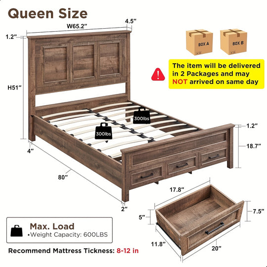 Farmhouse Queen Size Bed Frame With 52" Tall Full-Panel Headboard, Wood Platform Bedframe With Footboard And Storage Drawers, No Squeak, No Box Spring Needed