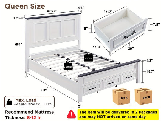 Farmhouse Queen Size Bed Frame With 52" Tall Full-Panel Headboard, Wood Platform Bedframe With Footboard And Storage Drawers, No Squeak, No Box Spring Needed