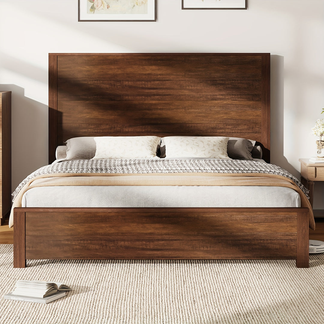 Rustic Solid Wood Platform Bed Frame With Spliced Headboard, Noise-Free Slat Support, No Box Spring Needed