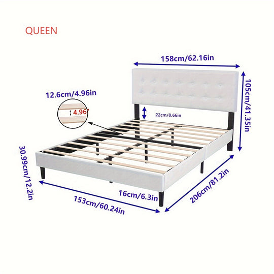 1pc Alazyhome Queen Size Upholstered Platform Bed Frame with Button Tufted Velvet Headboard, Fabric Material, Wood Slat Support, Easy Assembly, No Box Spring Needed - Contemporary Design