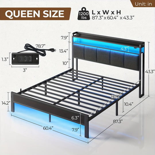 Twin/Full/King/Queen Size Bed Frame Avaliable, Bed Frame With Charging Station And Storage Headboard, Upholstered Bed With Heavy Duty Wood Slats, No Box Spring Needed, Noise Free, Easy Assembly