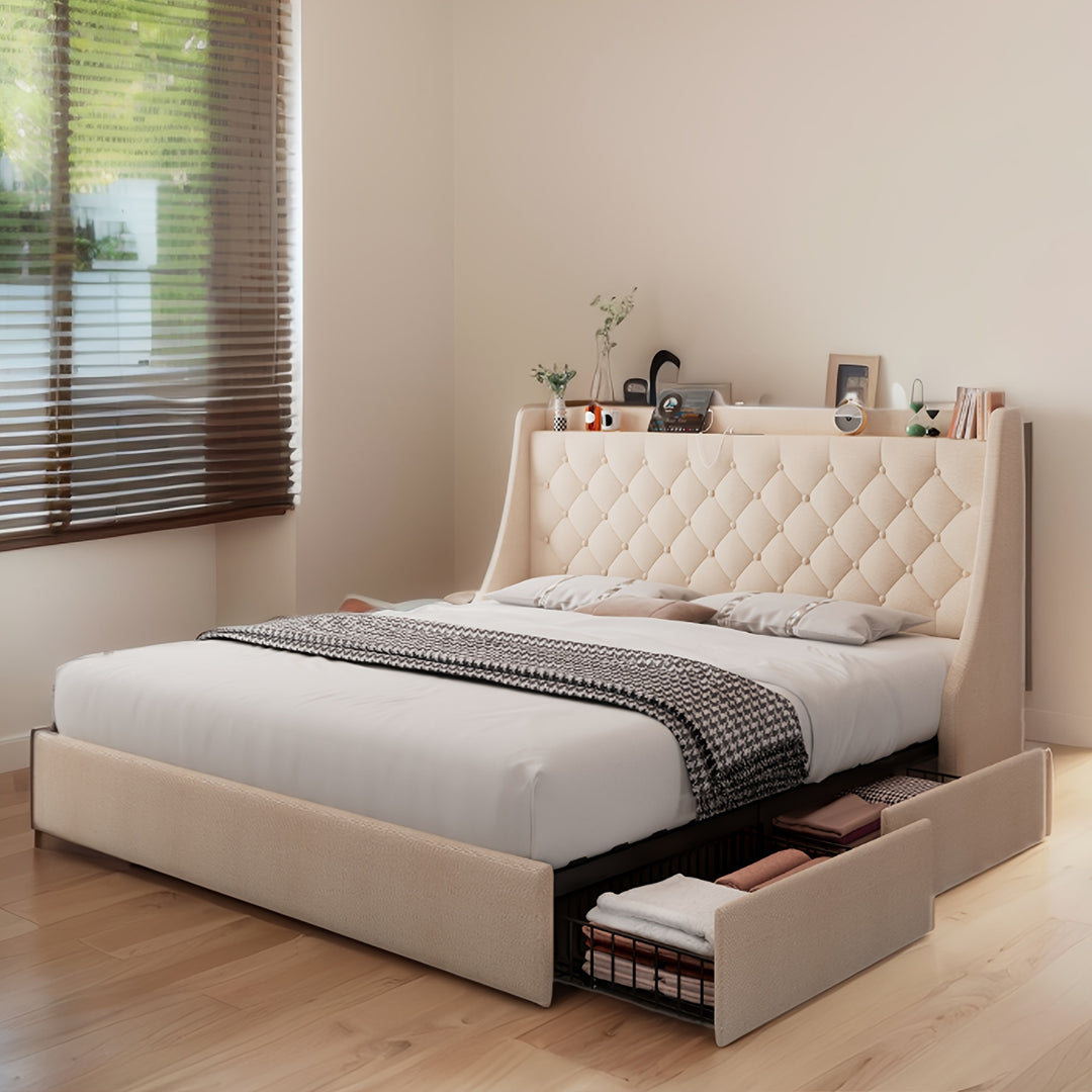 Upholstered Platform Beds With 4 Storage Drawers, Platform Bed With Charging Station & Deluxe Wingback Storage Headboard, Solid Wood Slats Support, No Box Spring Needed, Noise-Free