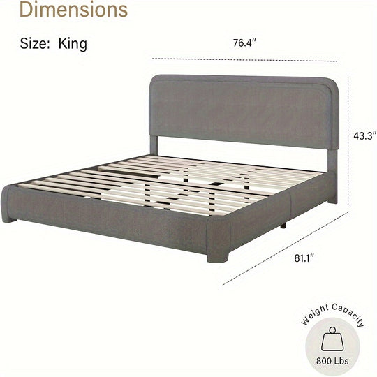 Boucle Upholstered Platform Bed Frame With Headboard, Modern Style, Soft Rounded Corners, No Box Spring Required, Easy Assembly