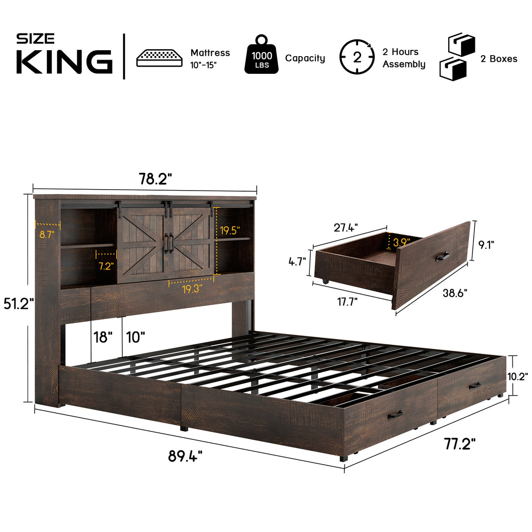 Farmhouse-Style Wooden Platform Bed Frame Boasting a 51.2" Bookcase Headboard, Integrated Storage with a Sliding Barn Door Charging Station and 2 Drawers - No Box Spring Required, Totally Noise-Free