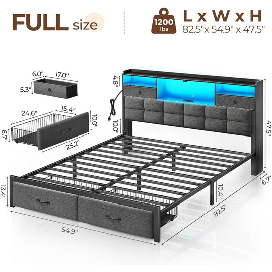 Bed Frame Full/Queen/King Size with Drawers and Charging Station, Upholstered Platform Bed with Storage Headboard and LED Light, Heavy Duty Metal Frame Support, No Box Spring Needed, Noise Free,